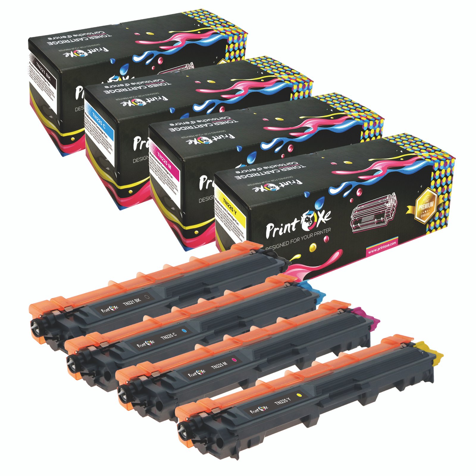 Compatible Set for TN221 / TN225 Laser Toners – 4‑Pack (Black, Cyan, Yellow & Magenta)
